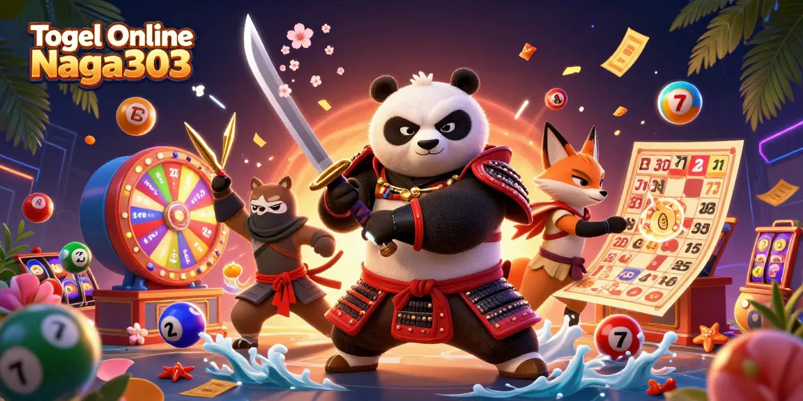 Togel Online Naga303 brings excitement with a dynamic scene of a panda samurai, ninja fox, and floating spirit tanuki amidst lottery and slot games.