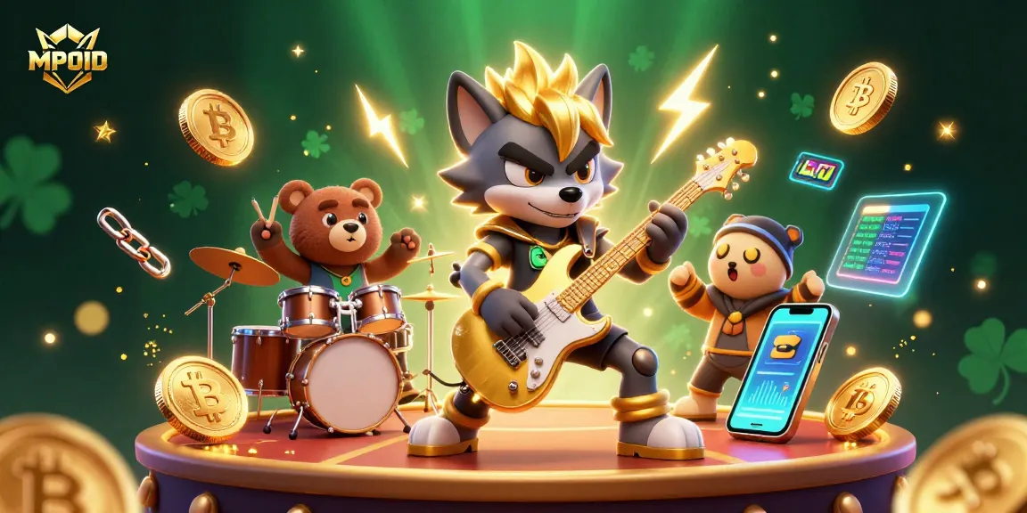 Experience the thrill with MPOID's energetic casino scene featuring cartoon characters and crypto elements.