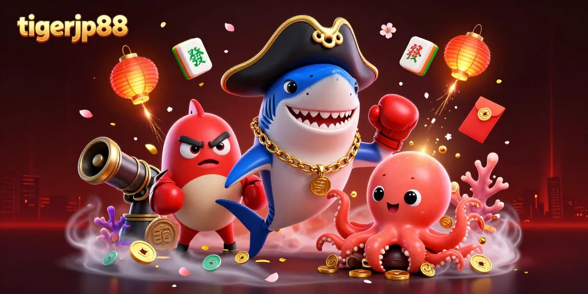 Serunya bermain tigerjp88 dengan hiu kartun, ikan puffer marah, dan bayi gurita, dikelilingi elemen permainan.
