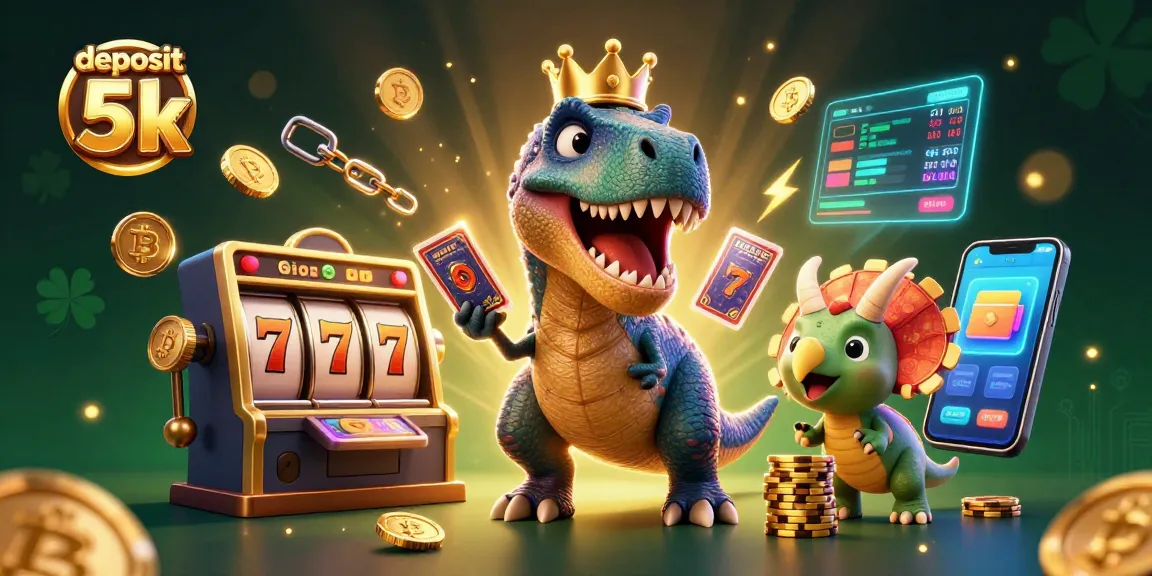 Experience the thrill of deposit 5k with a T-Rex, pterodactyl, and triceratops in this vibrant casino illustration.