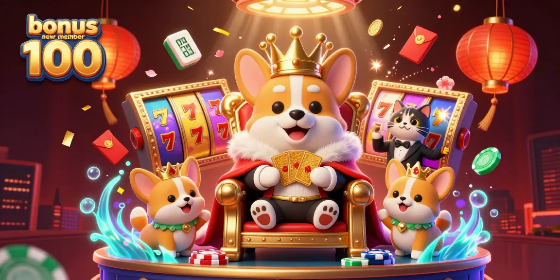 Engage with the vibrant bonus new member 100 scene featuring a corgi on a poker chip throne with slot reels spinning.