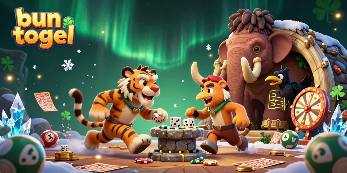 Experience the bun togel excitement with a dynamic prehistoric casino scene featuring lottery elements.