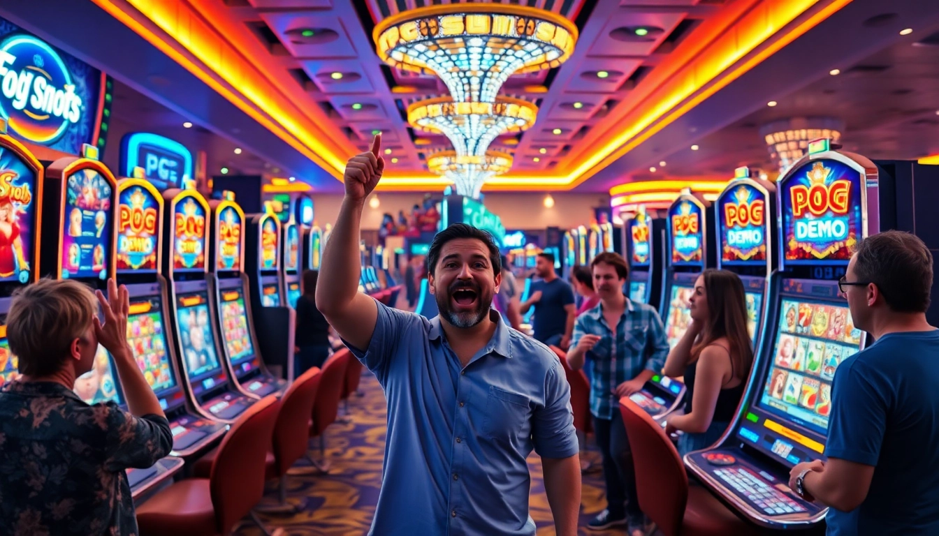 Excited players engaging with PG Soft Demo slots in a vibrant casino setting.