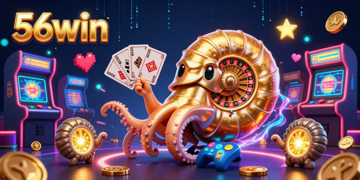 Engage with 56win's vibrant casino scene featuring a giant nautilus roulette wheel and exciting gaming elements.