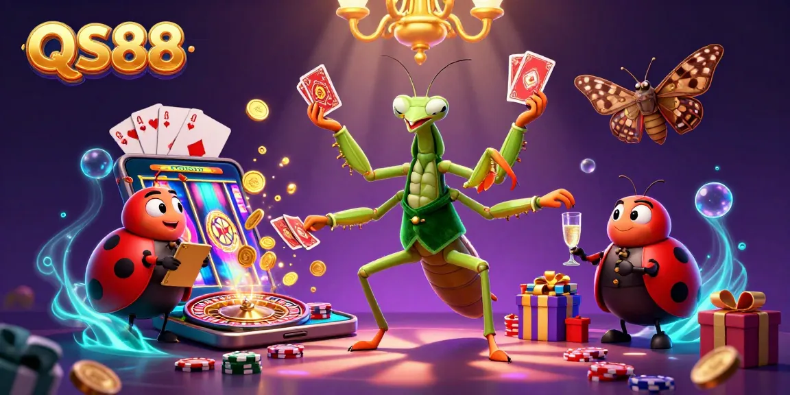 QS88 gamblers enjoying dynamic casino scene with cards, chips, and golden coins.