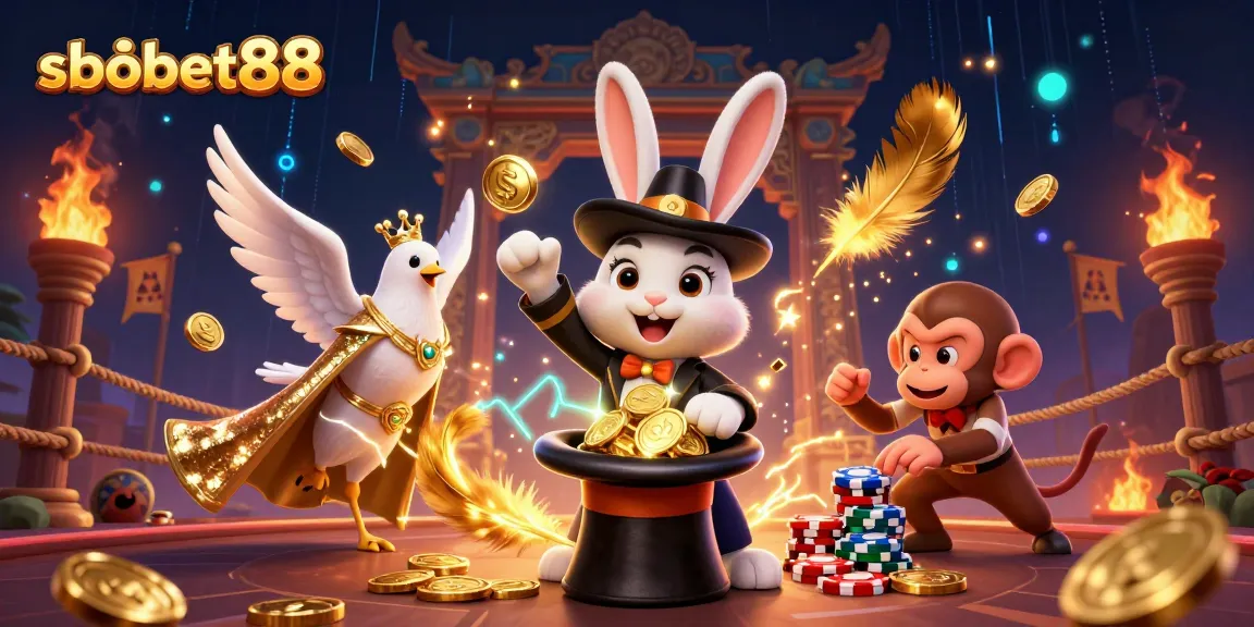 SBOBET88 showcases a vibrant scene of a magician rabbit, dove, and monkey creating magical gambling excitement.