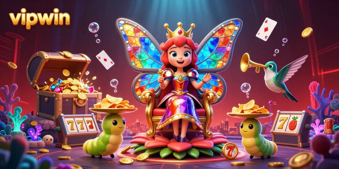 Experience thrilling gameplay with vipwin in this vibrant 3D casino illustration featuring a butterfly queen and slot elements.