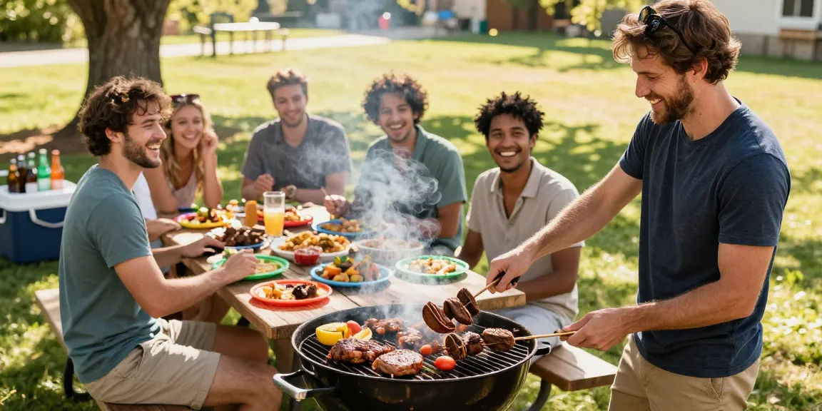 Momen barbeque yang seru dengan teman-teman, sajian BOS88 Link Alternatif di luar ruangan saat siang yang cerah