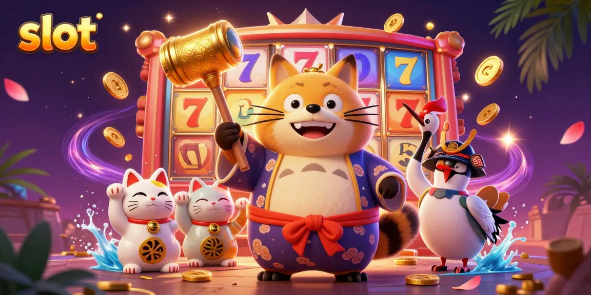 Play vibrant slot games with cheerful tanuki and fortune cats in this dynamic casino illustration.