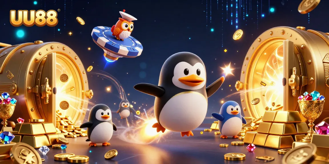 Experience thrilling gaming adventures with UU88, featuring a golden penguin and casino elements in space.