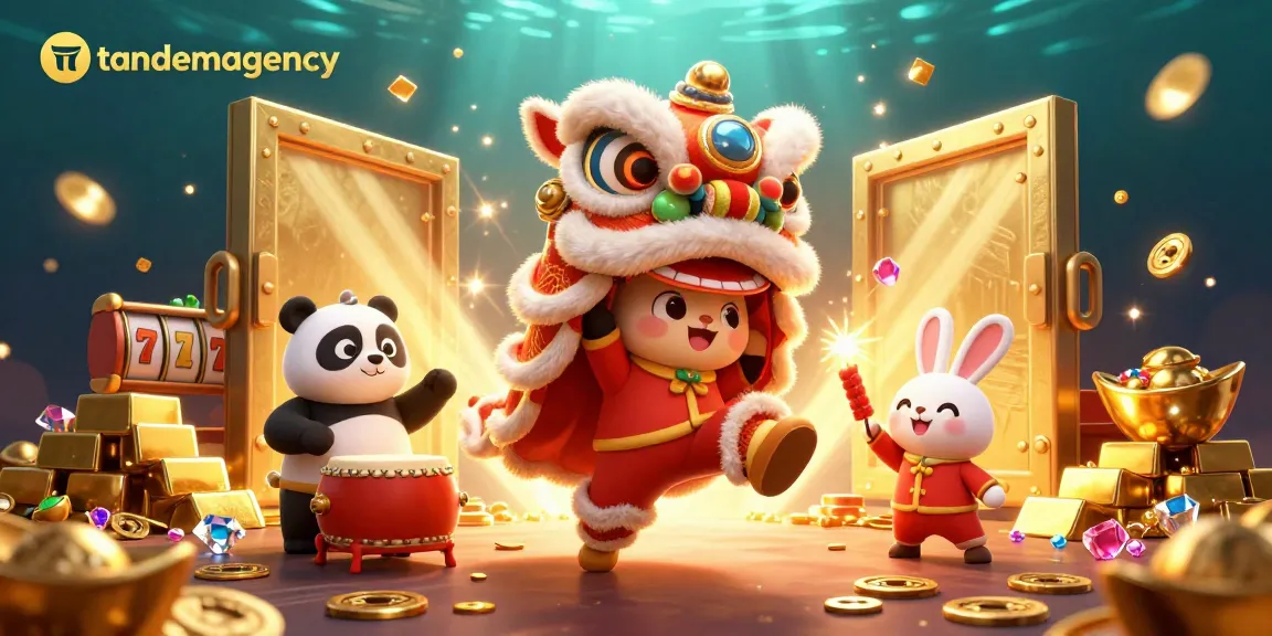 Tandemagency showcases an exciting slot-themed 3D illustration featuring vibrant gambling elements and characters.