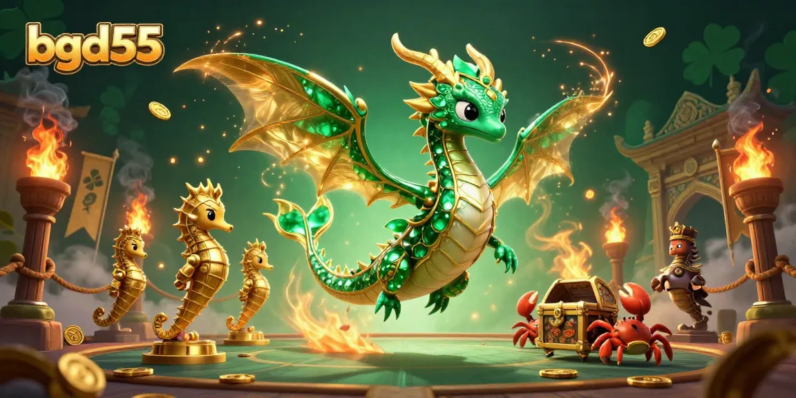 bgd55 casino illustration featuring an emerald sea dragon and treasure chest in a dynamic gambling scene