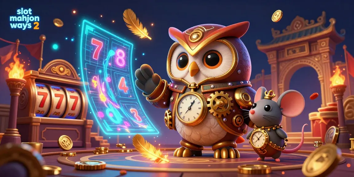 Play slot mahjong ways 2 in a vibrant 3D casino scene featuring a steampunk owl and dynamic slot elements.