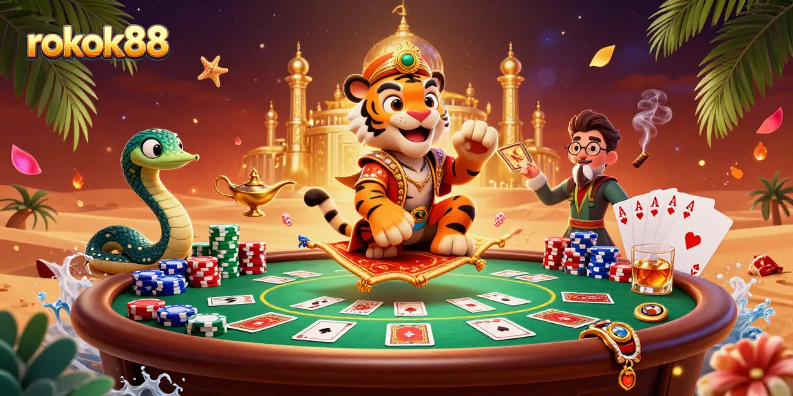 Experience excitement with rokok88's vibrant casino scene showcasing a magical sultan and poker elements.