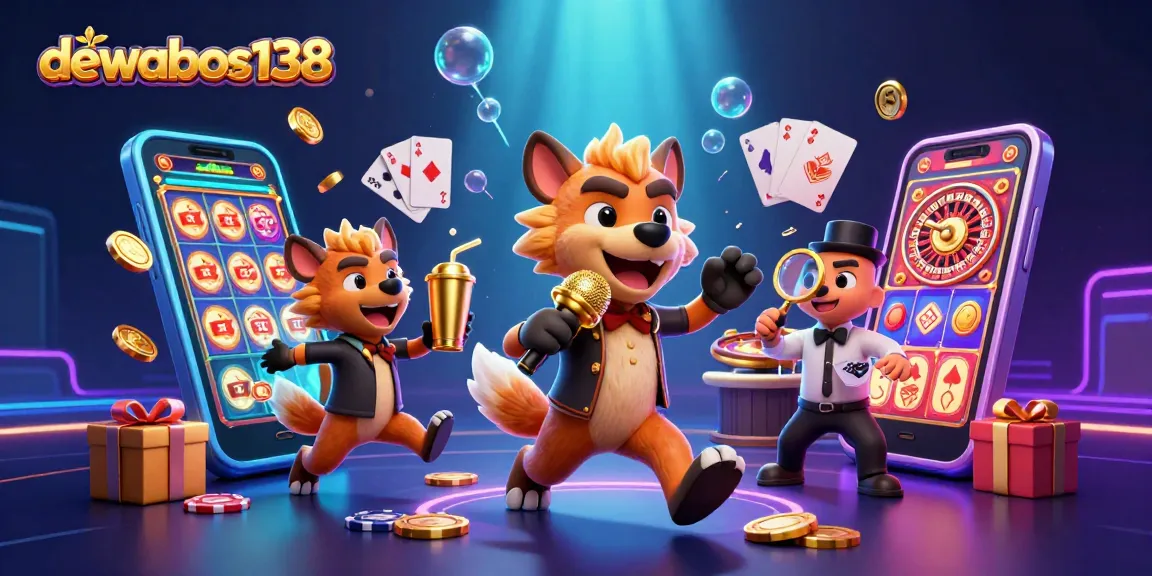Dewabos138 menghadirkan suasana kasino dengan karakter hyena menghibur sambil bermain slot.