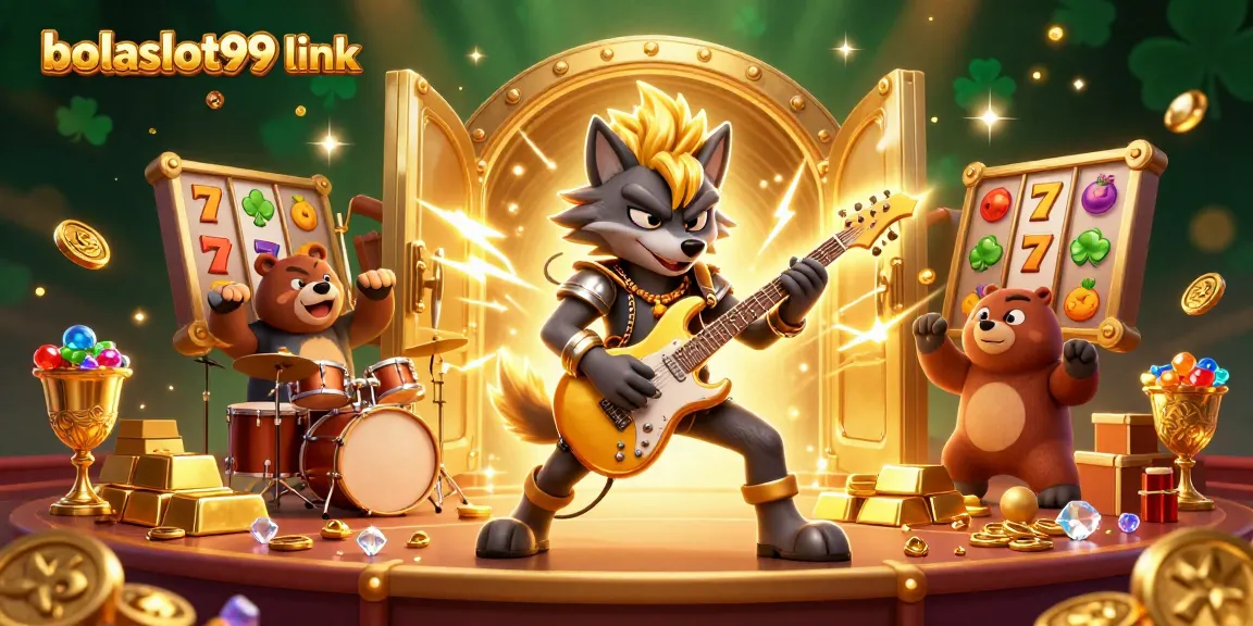 Bolaslot99 link showcases immersive 3D rock star wolf and drummer bear on a vibrant casino stage.