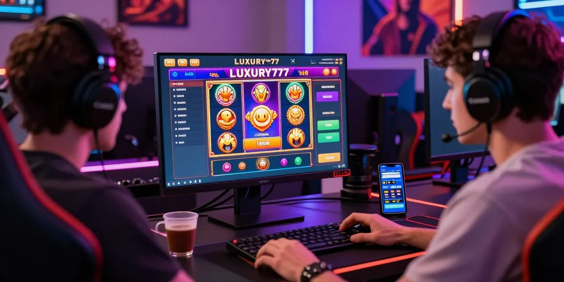 LUXURY777 Login saat bermain game online dengan suasana energik dan aksesori gaming.