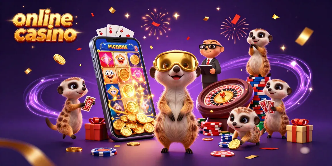 Meerkats running an online casino, showcasing vibrant slots and gaming action.