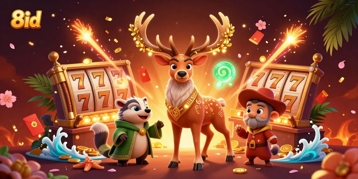 Spin and win with 8id as the Celtic druid stag and badger celebrate in a vibrant casino scene.