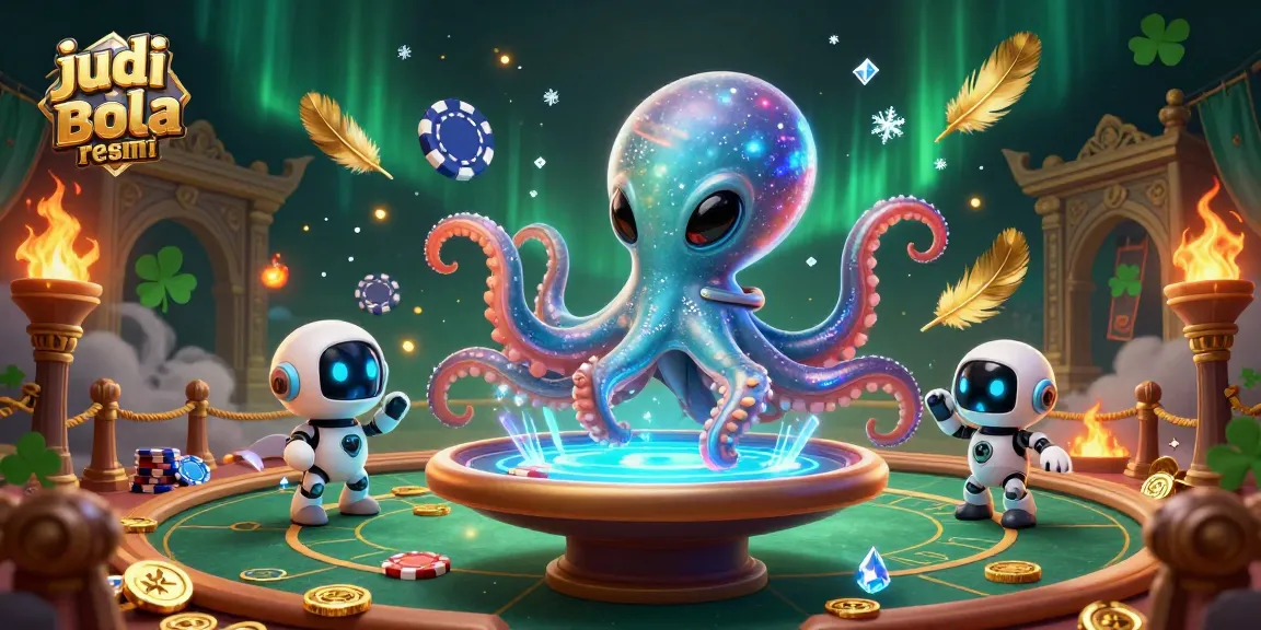 Experience the excitement of judi bola resmi with a dynamic 3D scene featuring an alien octopus and poker elements.
