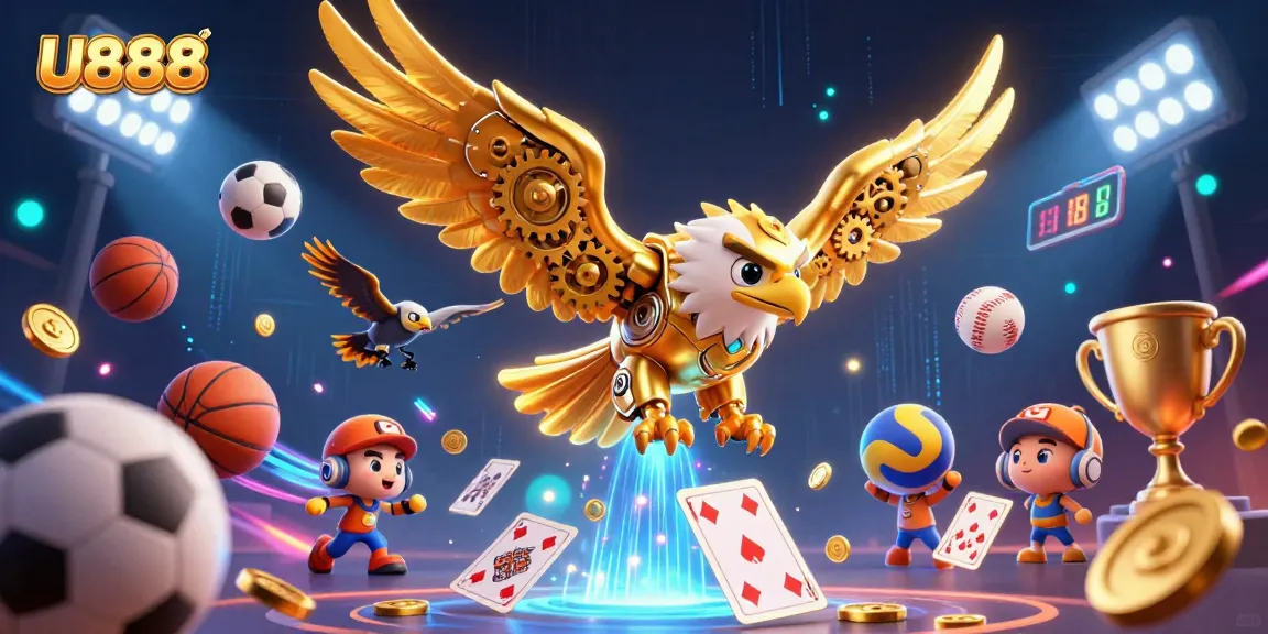 Engage with U888's dynamic casino experience featuring a cybernetic eagle and holographic cards.