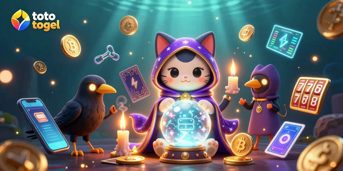 Menggambarkan permainan toto togel dengan kucing penyihir dan burung gagak, bercahaya dan elemen kasino yang dinamis.