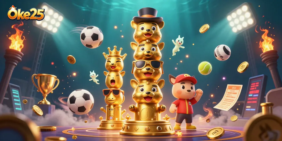 Oke25 merayakan kemenangan dengan totem beruang dan bola olahraga di kasino virtual.