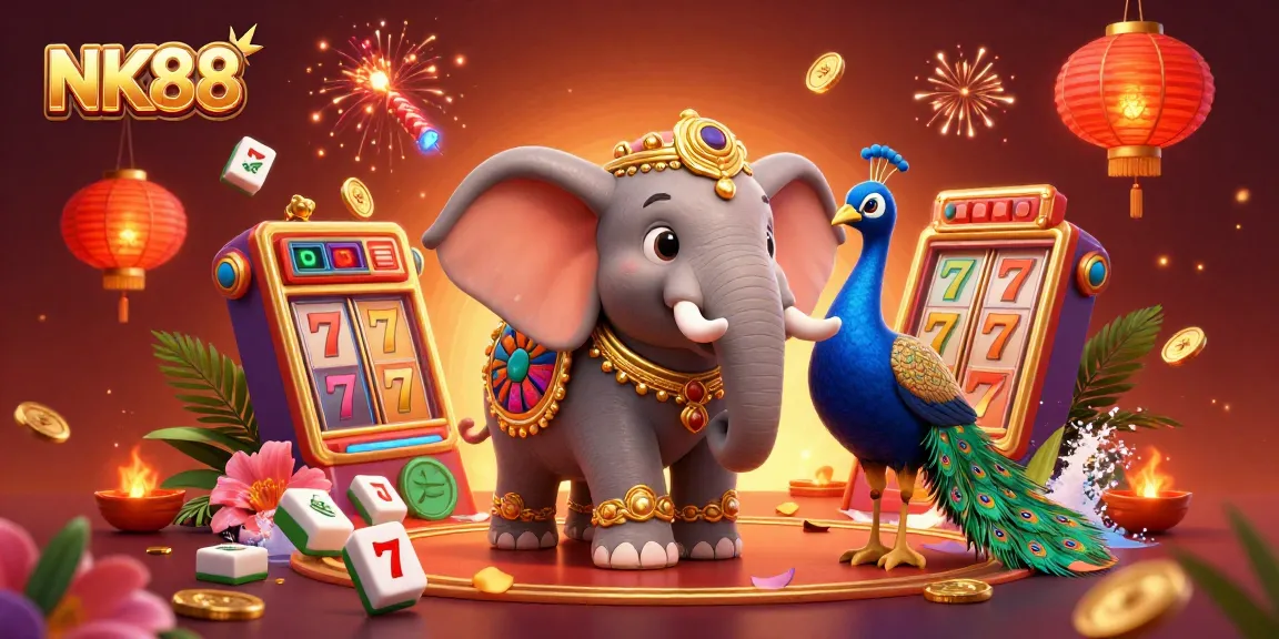 Engage with NK88's vibrant casino scene featuring a cartoon elephant and peacock amidst joyful symbols.