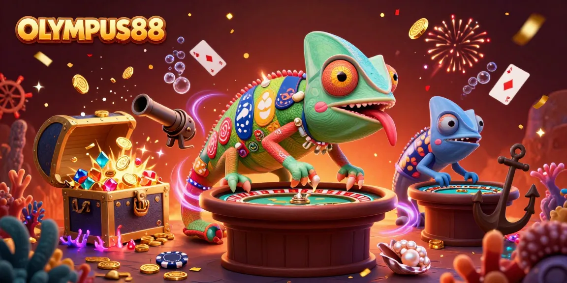 OLYMPUS88 menawarkan pengalaman bermain kasino yang menarik dengan ilustrasi chameleon berwarna cerah.