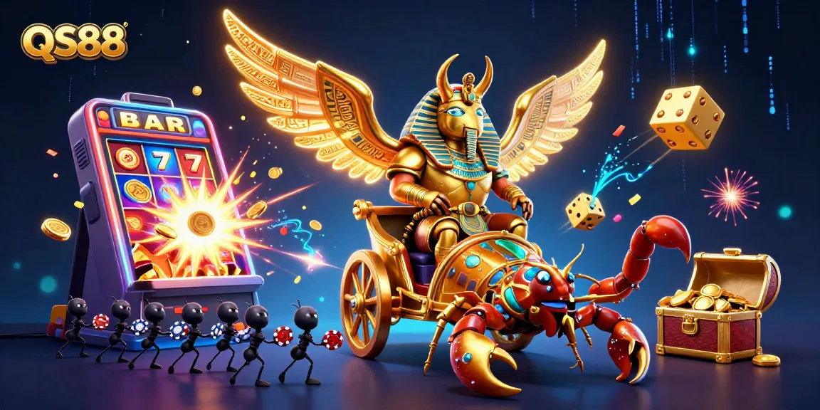 Experience thrilling gameplay with QS88's golden scarab casino illustration, full of vibrant action.