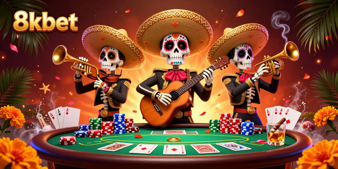 Experience thrilling poker action with 8kbet's vibrant casino scene featuring mariachi skeletons.