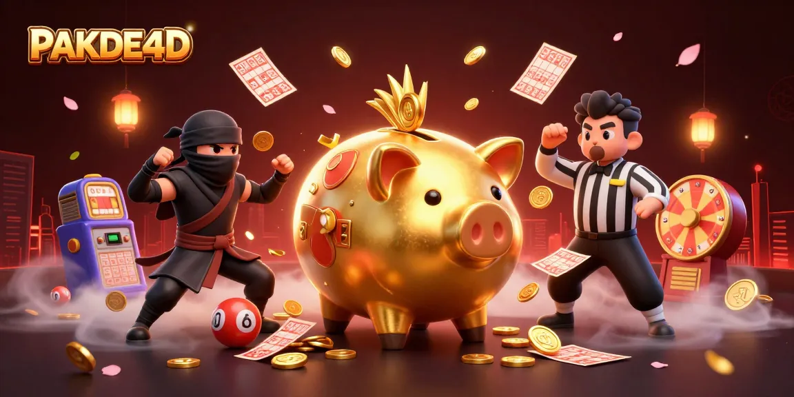 Engage with PAKDE4D as a golden piggy bank sumo wrestler battles a ninja and referee amidst bingo excitement.