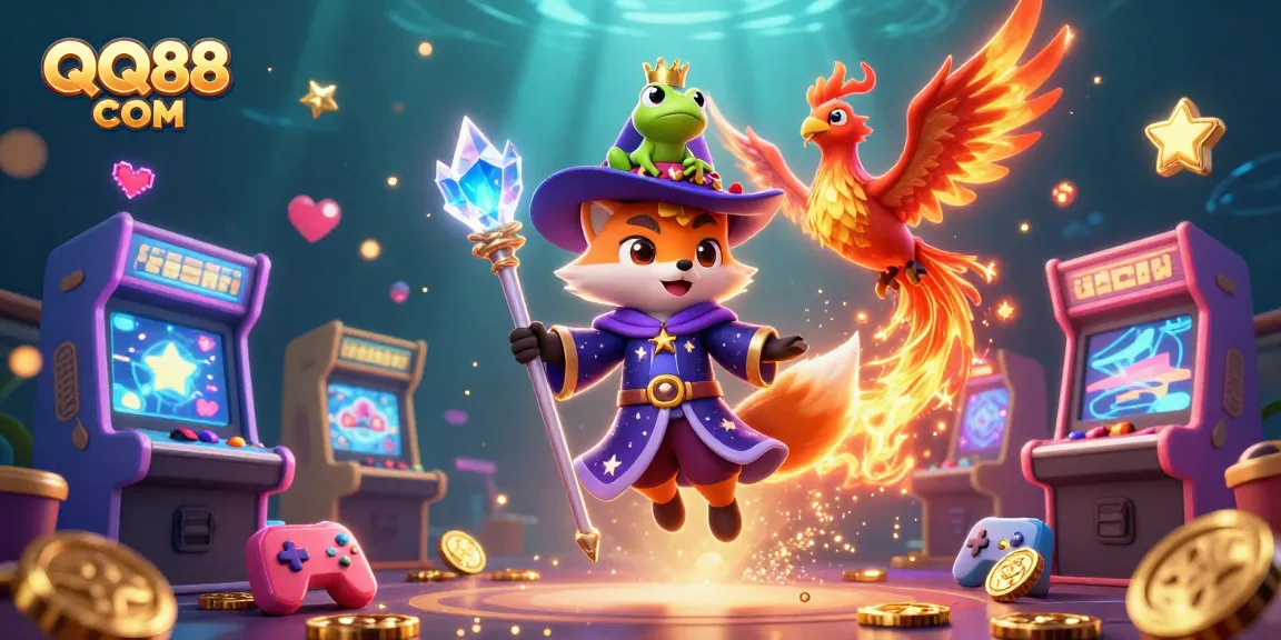 Engage with thrilling gaming at QQ88 COM, featuring a wizard fox and casino elements.