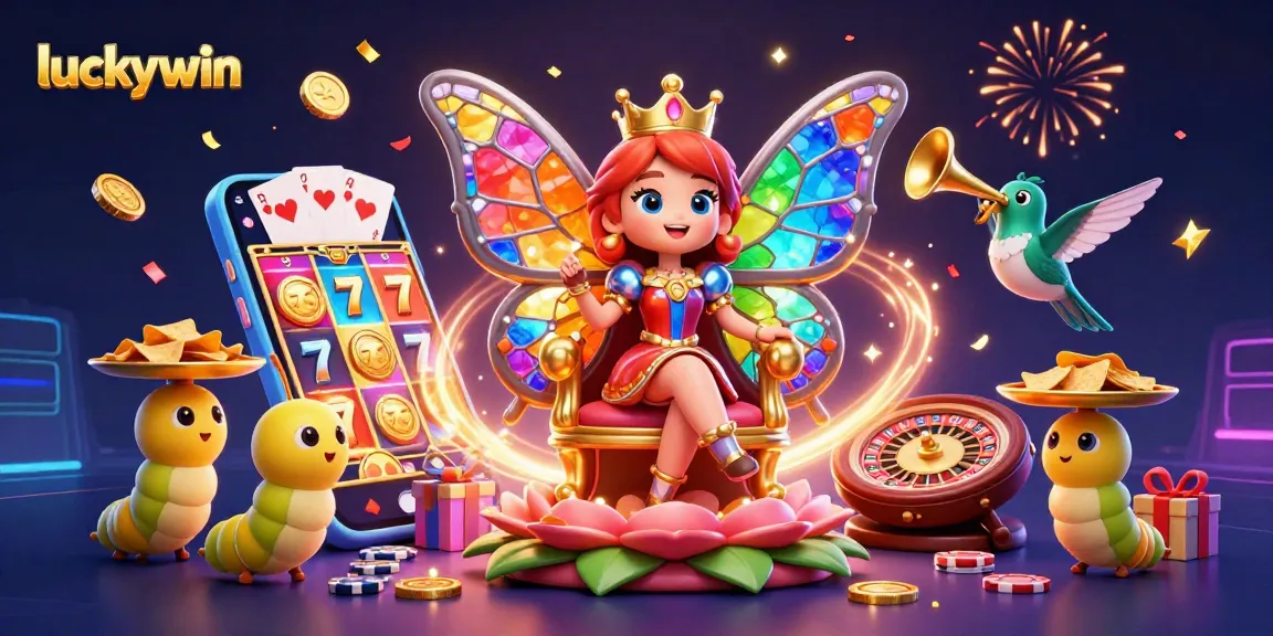 Luckywin's vibrant casino scene with a butterfly queen and dynamic gaming elements.