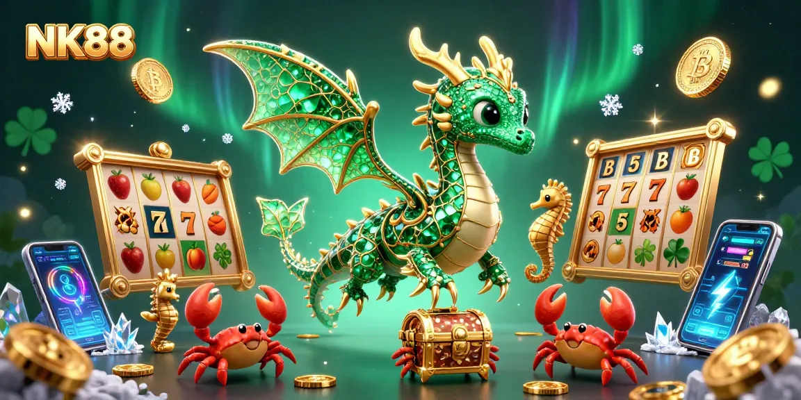 Engage with NK88's thrilling slots scene featuring a dazzling sea dragon, seahorse guards, and treasure for players.
