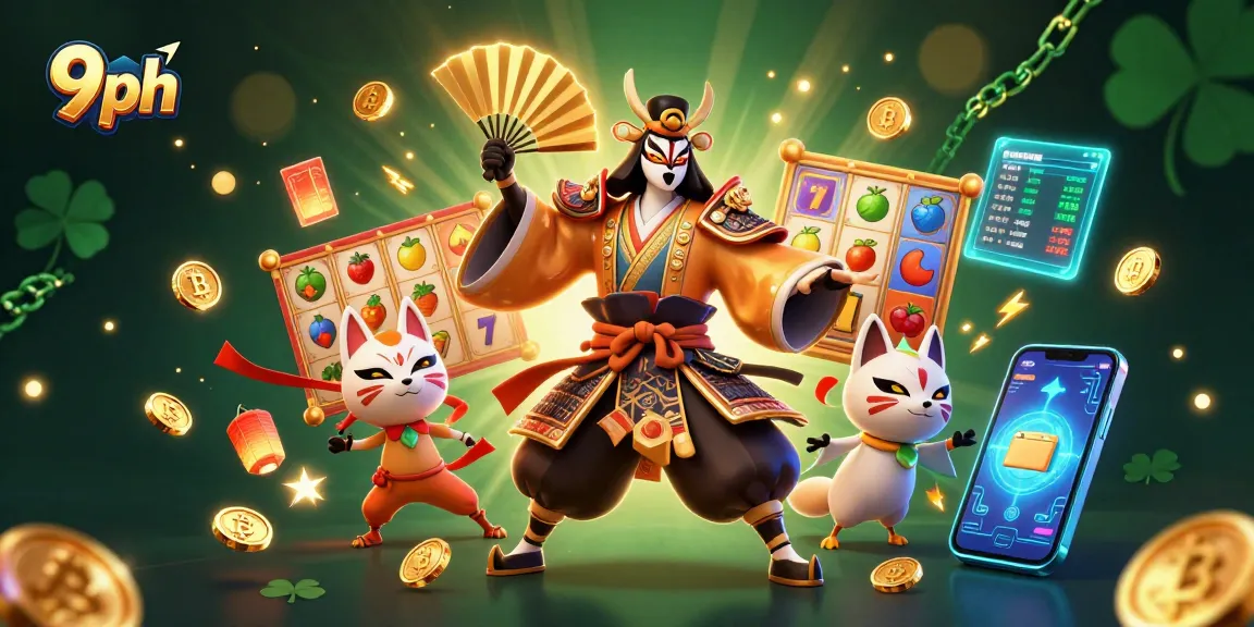Play dynamic casino games at 9ph with vibrant slot reels and cryptocurrency elements in a stunning 3D illustration.