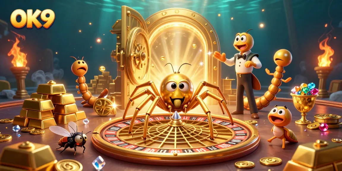 Experience thrilling bets at OK9 with a 3D scene featuring a golden spider in a roulette web.