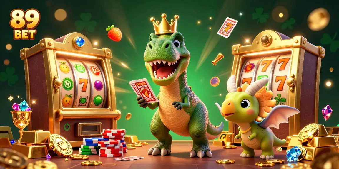 Experience thrilling casino action with 89 BET as a T-Rex and friends shuffle cards and stack chips in a vibrant scene.