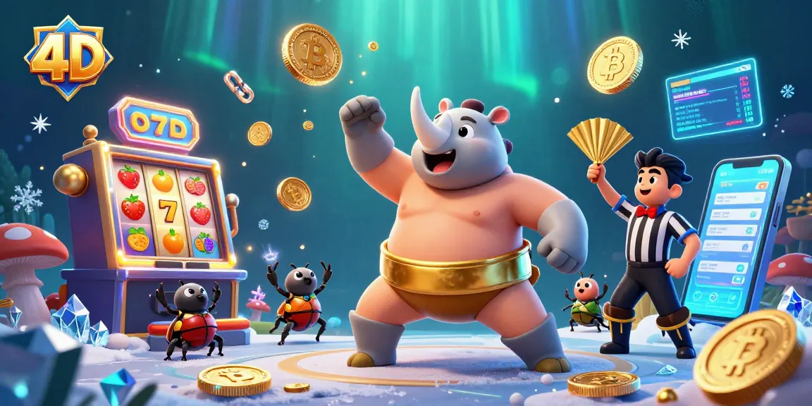 Engage with thrilling 4D slots action as a beetle champion celebrates winning coins in a vibrant casino.