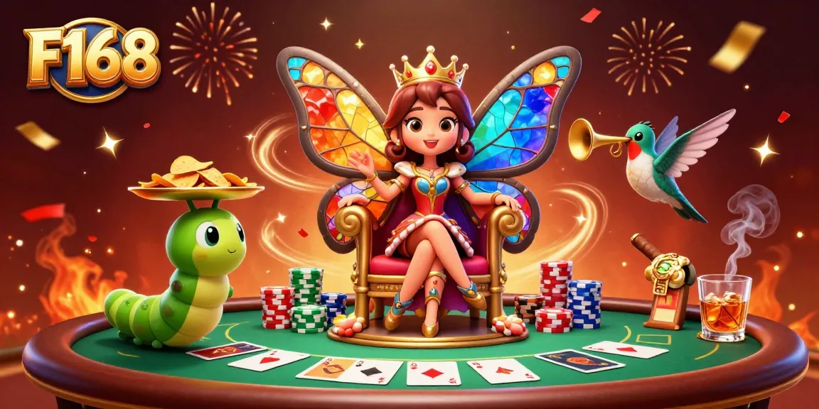 Experience vibrant 3D gaming with F168, showcasing a lively casino scene featuring chips, cards, and characters.