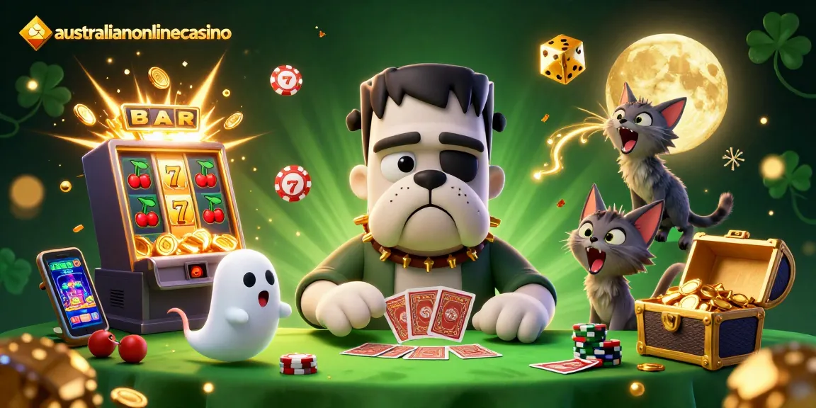 Experience thrilling gameplay at australianonlinecasino with a lively scene of a bulldog dealer and festive casino elements.