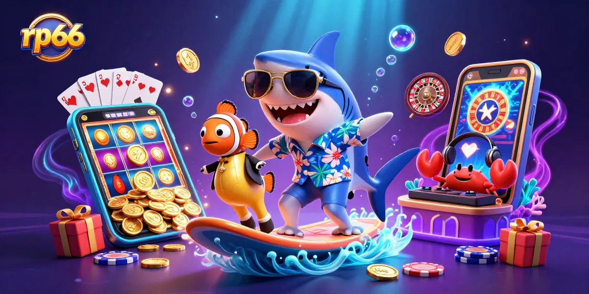 Surf the waves of excitement with rp66, featuring a cartoon shark, clownfish, and crab DJ amid a vibrant casino scene.