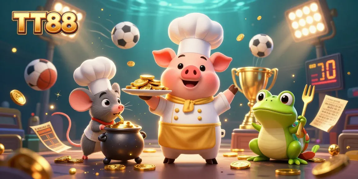 Engage with TT88 as the cartoon chef serves golden coins at a dynamic sports betting scene.
