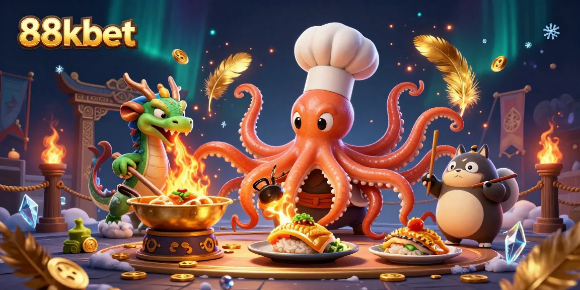 Witness 88kbet's vibrant gaming atmosphere with a sushi chef octopus and dragon, as they prepare golden dishes in a dynamic casino scene.