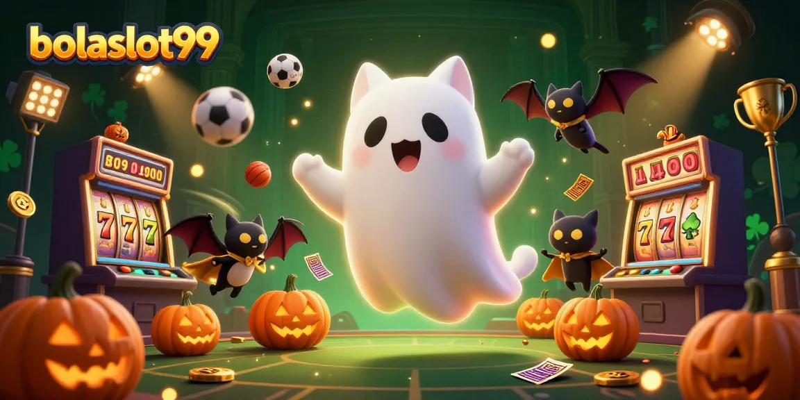 Play exciting slot games with bolaslot99 featuring a friendly ghost cat and spooky elements.