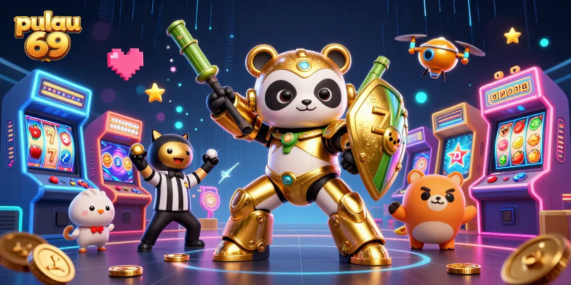 Pulau 69 showcases an exciting dynamic illustration of a golden panda robot amidst slots and gaming action.