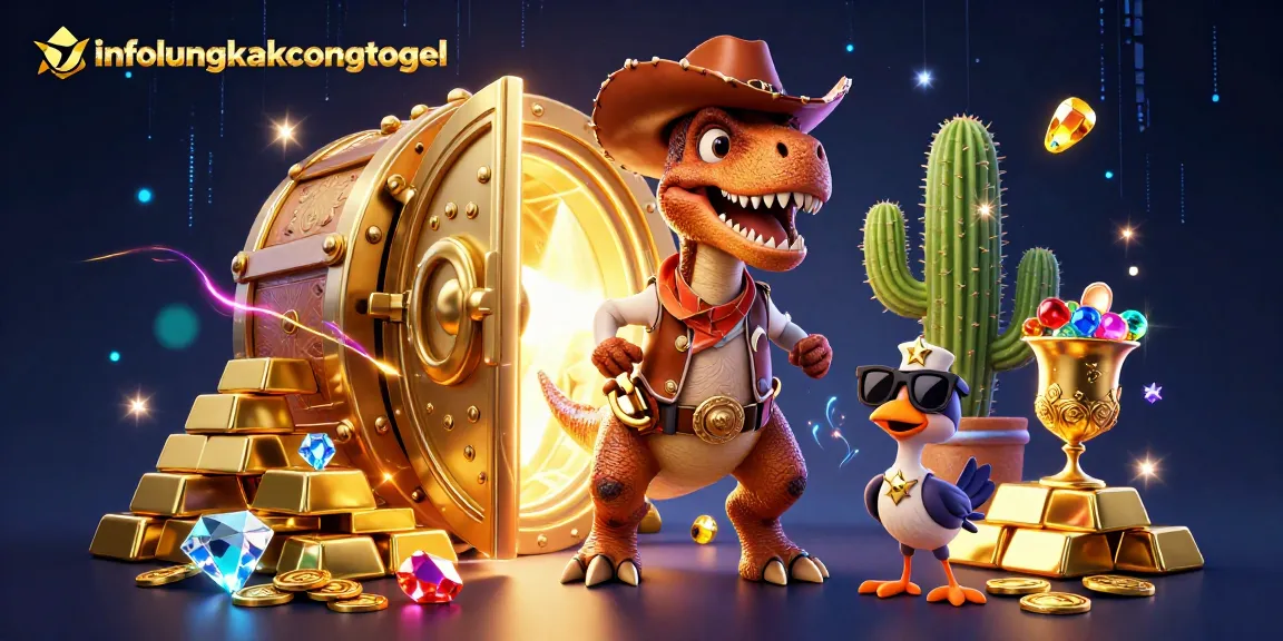 Engage with infolengkapcongtogel's vibrant scene featuring a T-Rex and friends amidst sparkling treasures in a casino environment.