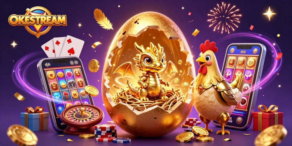 Menggunakan OKESTREAM untuk taruhan bola online dengan gambar naga emas, chip poker, dan permainan slot interaktif.