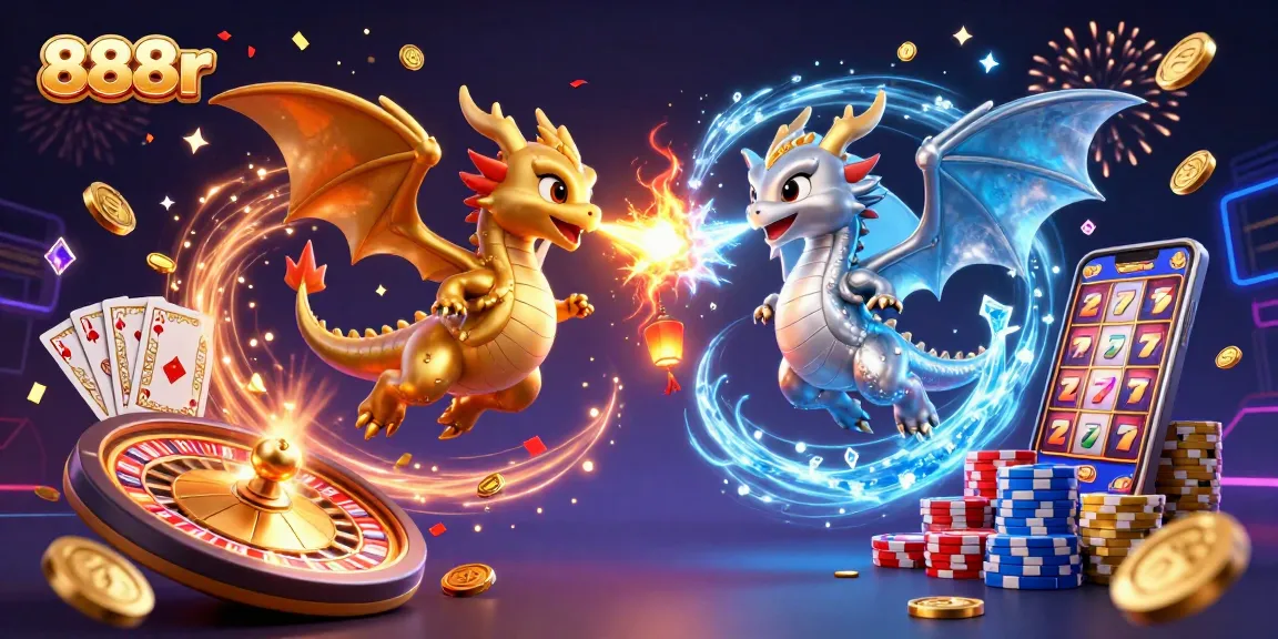 Experience thrilling dragon battles with gold and silver dragons in 888r's magical casino scene.