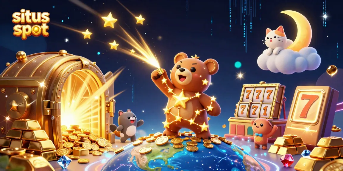 Situs slot immersive scene with constellation bear, slot reels, and treasure elements sparkling.